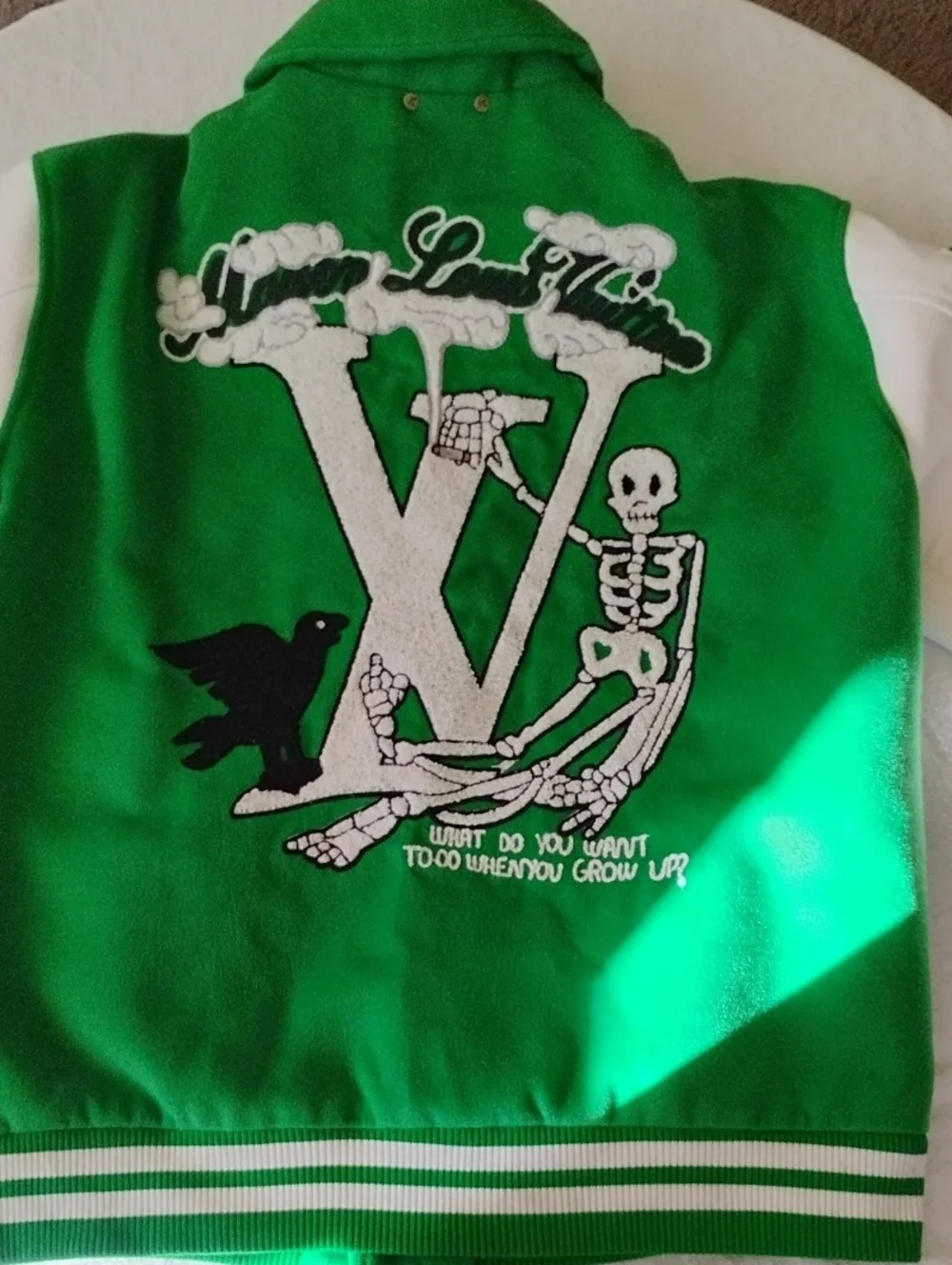 Louis Vuitton Men's Green & White Embroidered Varsity Jacket Sz S Made In Italy